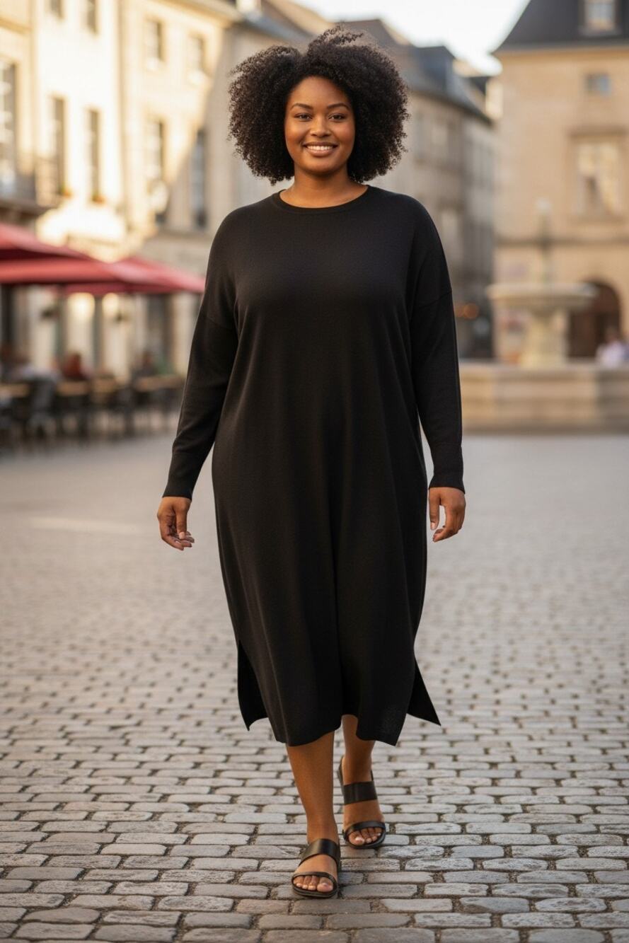 Eileen Fisher Long-Sleeve Crew Neck Dress soft Tencel Lyocell Spandex black sz L